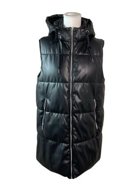 VIGOSS Women’s Black Faux-Leather Puffer Long Vest with Hood L
